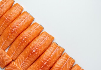 A border of fresh, raw salmon fillets arranged diagonally on a white background, with copy space
