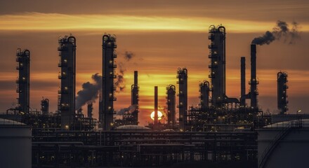 Industrial Chemical Plant and Oil Refinery Silhouetted Against a Dramatic Fiery Sunset Sky, Featuring Smokestacks Emitting Plumes, Complex Pipework, and Glowing Evening Lights, Symbolizing Energy and