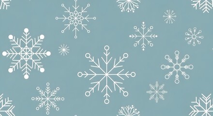 A beautiful winter scene with numerous white snowflakes falling against a muted blue background.