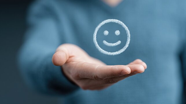 Person holding a smiley face drawing in the air representing confidence and trust in quantitative algorithmic concepts