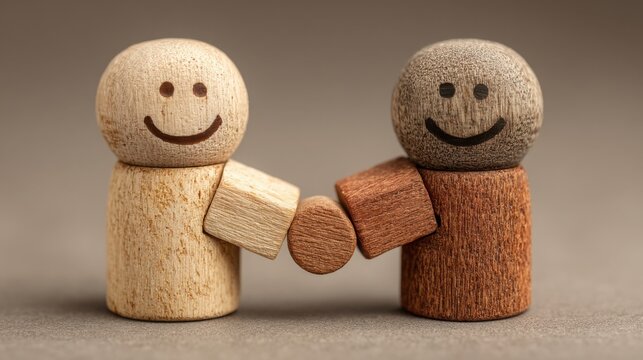Two wooden figures holding hands representing partnership and trust in quantitative algorithmic concepts for confidence
