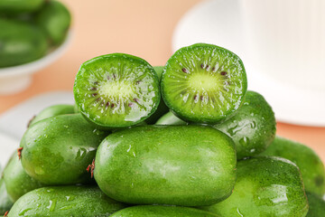 Fresh Mini Kiwi Fruits with Water Drops - Soft Green Tropical Fruit Photography