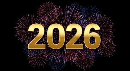New Year's Celebration: A vivid display of fireworks bursts forth, forming a festive backdrop to the golden numbers 2026, symbolizing the dawn of a new year and a fresh beginning.