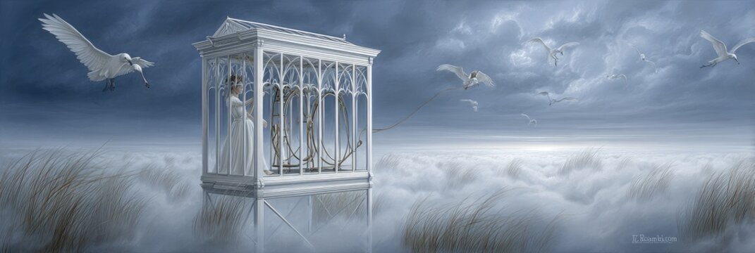 White gazebo on a misty, ethereal landscape with birds