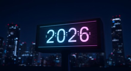 Obraz premium Illuminating Future: A vibrant digital display showcases the year 2026 against the backdrop of a captivating cityscape, capturing a sense of anticipation and modernity.
