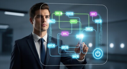 Executive integrating digital flowchart on interactive screen for advanced technology insights