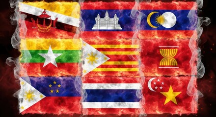 Dynamic arrangement of southeast asian flags in a fiery and smoky display celebrating cultural