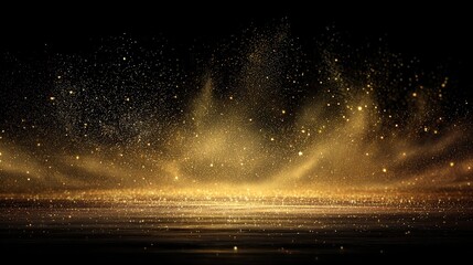 Glittering gold dust floats above a shimmering surface against a black backdrop