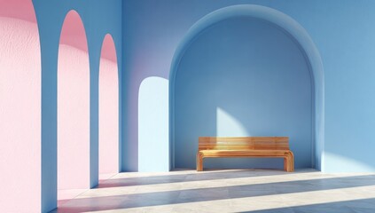 A minimalist rendering of a serene interior space featuring pale blue walls, arched pink alcoves, and a simple wooden bench bathed in sunlight.  The floor is a light-toned stone