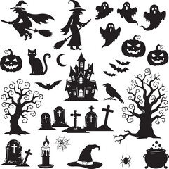 Halloween Silhouette Set: A spooky collection of silhouettes, perfect for Halloween, showcasing witches, ghosts, haunted houses, pumpkins.