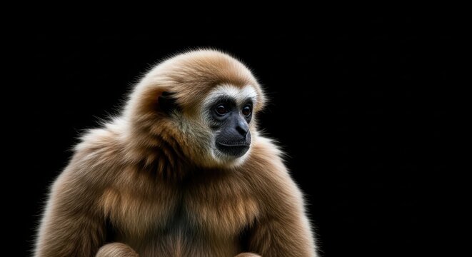 Captivating portrait of a lar gibbon against a stark black backdrop conveying primate intelligence