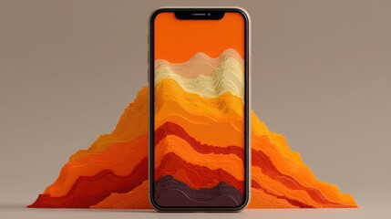 Smartphone displaying layered chart animation with a scenic mountain in the background for data visualization