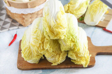 Fresh Napa Cabbage on Wooden Cutting Board - Asian Vegetable Kitchen Prep