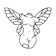 hand-drawn female torso with butterfly wings - vector illustration