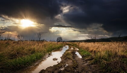 Eerie Landscape With Muddy Path And Stormy Skies