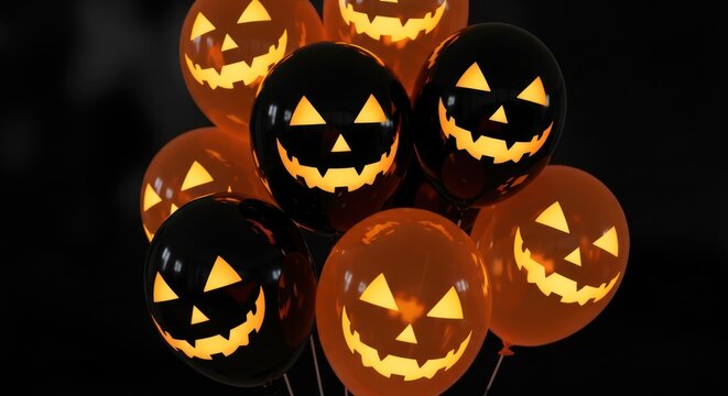 Festive halloween balloons with jack-o'-lantern faces floating against a dark backdrop creating a