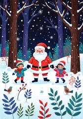 Adobe illustrator artwork vector illustration of Santa Claus walking with two happy children in a whimsical snowy forest, surrounded by colorful birds and unique plants, embodying festive wonder