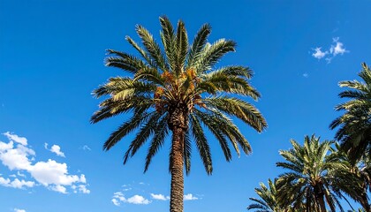 A vibrant palm tree stands tall against a brilliant blue sky dotted with fluffy white clouds.
