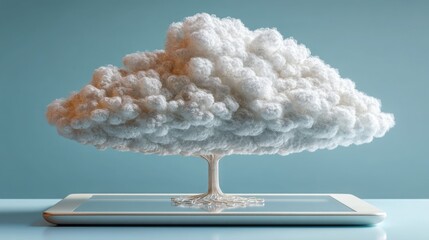 Tablet showcasing a cloud with upload beam, representing the concept of cloud storage and digital connectivity