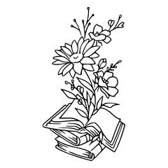open book with blooming flowers line art design