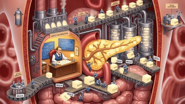 A conceptual animation of the pancreas as a factory, illustrating how insulin metabolizes sugar for the body's energy distribution