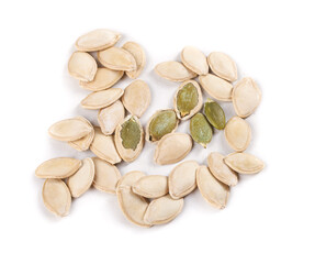 Raw Pumpkin Seeds with Thin Shells on White Background - Healthy Snack Food Ingredient