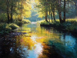 Serene Forest Stream: Golden Sunlight Reflecting on Calm Water