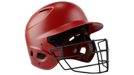 Fototapeta premium A bright red baseball batter s helmet with a protective face cage isolated on transparent background