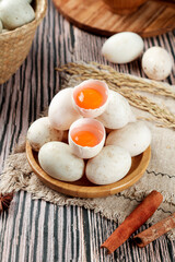 Fresh Raw Duck Eggs with Speckled Shells in Rustic Farmhouse Kitchen Setting