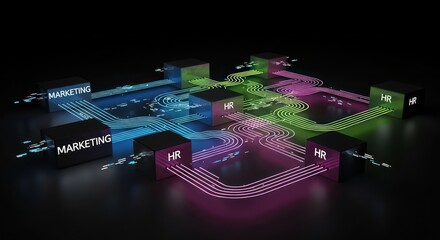 Interconnectedness of marketing and human resources shown with colorful digital lines