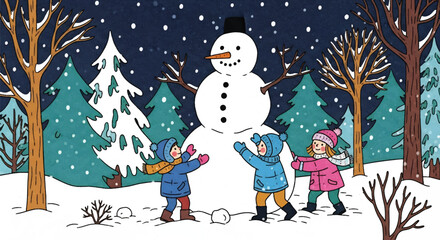Adobe illustrator artwork vector illustration of cheerful children building a snowman in a snowy forest, capturing the joy of winter playtime under a gentle snowfall