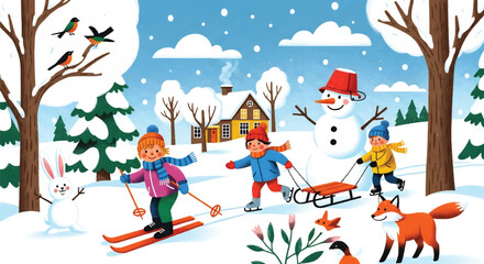 Adobe illustrator artwork vector illustration of a lively winter scene with children skiing, ice skating, and sledding, joined by a snowman, rabbit, and foxes near a cozy cabin