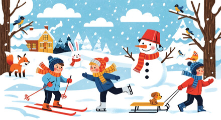 Adobe illustrator artwork vector illustration of a lively winter scene with children skiing, ice skating, and sledding, joined by a snowman, rabbit, and foxes near a cozy cabin © Amie