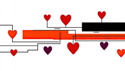 Abstract graphic design with interconnected lines and hearts in red and purple