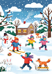 Adobe illustrator artwork vector illustration of a lively winter scene with children skiing, ice skating, and sledding, joined by a snowman, rabbit, and foxes near a cozy cabin