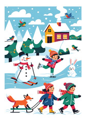 Adobe illustrator artwork vector illustration of a lively winter scene with children skiing, ice skating, and sledding, joined by a snowman, rabbit, and foxes near a cozy cabin