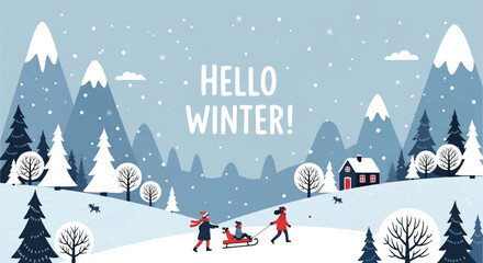 Adobe illustrator artwork vector illustration of a stunning winter landscape with people sledding down a snowy hill, majestic mountains, pine trees, a cozy cabin, and "Hello Winter!" text, perfect