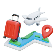 3D cartoon style Travel Concept Airplane, Suitcase, Map, and Location Pin