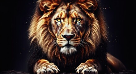 Naklejka premium Majestic lion portrait with glowing mane and intense gaze against a dark backdrop