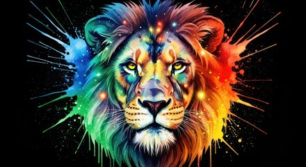 Vibrant lion portrait featuring a colorful rainbow splash and cosmic star accents