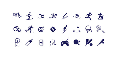 Fitness web icon set in thin line vector style featuring volleyball, gym, pool, diet, scale, exercise, workout and health related graphic illustrations for wellness