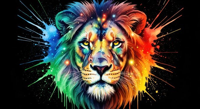 Vibrant lion portrait featuring a colorful rainbow splash and cosmic star accents - Powered by Adobe