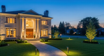 Fototapeta premium Elegant mansion illuminated at twilight, showcasing architectural design and landscaping with