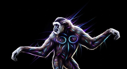 Neon primate abstract artistic depiction of a monkey with vibrant light streaks on dark background