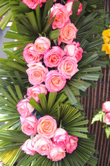Pink rose flower bouquet decorative on green palm leaf background