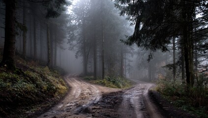 A misty, autumnal forest path forks, revealing a muddy, rutted track disappearing into the fog-shrouded trees.  The air is damp and still, hinting at a mysterious, secluded atmosphere