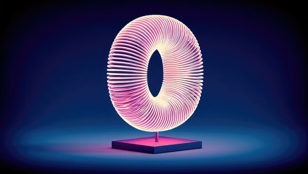 Abstract, glowing ring sculpture on dark pedestal