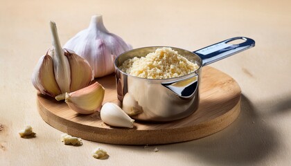 Fresh Garlic Cloves And Minced Garlic In Measuring Cup Display