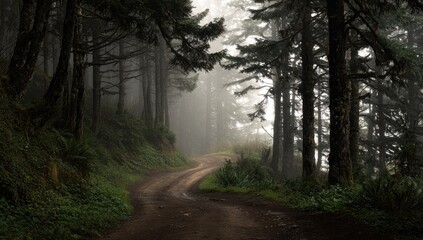 Obraz premium A misty, winding dirt road disappears into a dense, dark evergreen forest, the path shrouded in fog, lush ferns lining the roadside