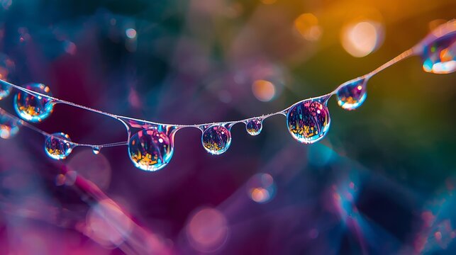 Colorful morning dew on web with soft dreamy light bokeh